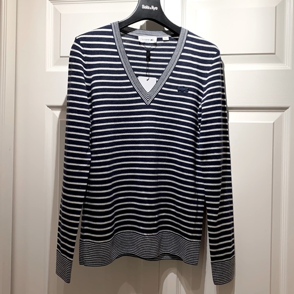 New Lacoste women V-neck wool blend striped sweater in navy blue & white size 36 - Picture 3 of 12